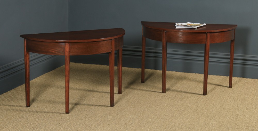 Pair of English Georgian Style Mahogany Demi Lune Console Side Hall Tables (Circa 1930)