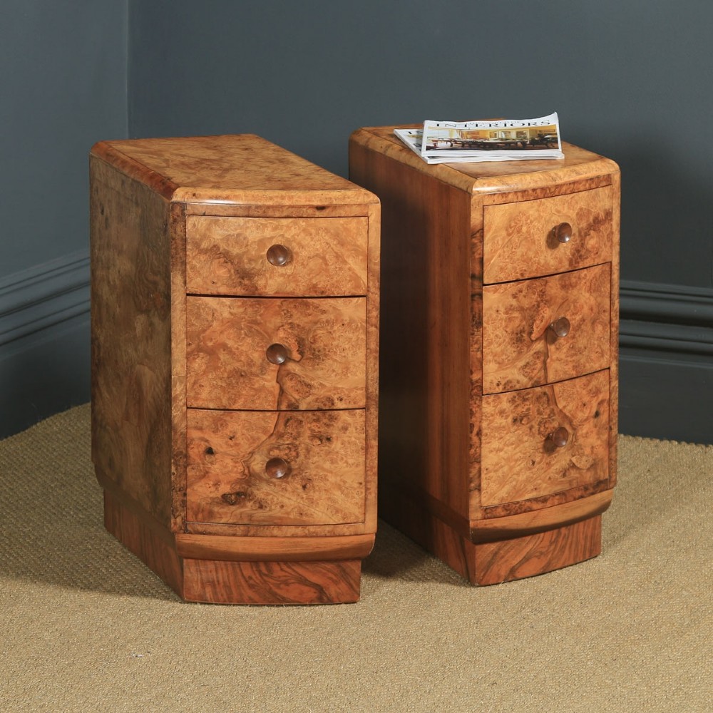 Antique English Pair of Art Deco Burr Walnut Bedside Chests Tables Cabinets Nightstands (Circa 1930)