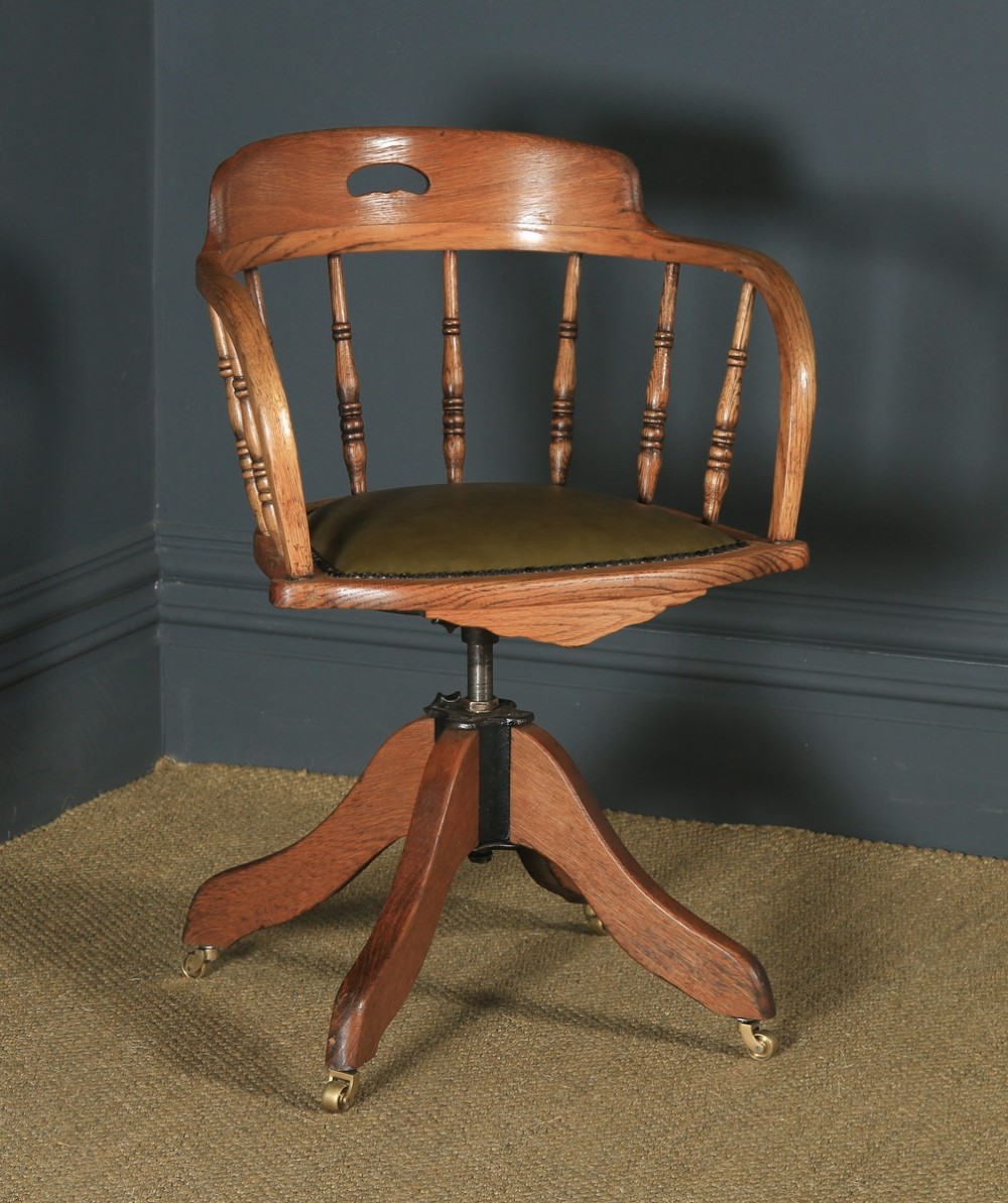 Antique English Victorian Solid Ash & Oak Green Leather Revolving Office Desk Arm Chair (Circa 1895)