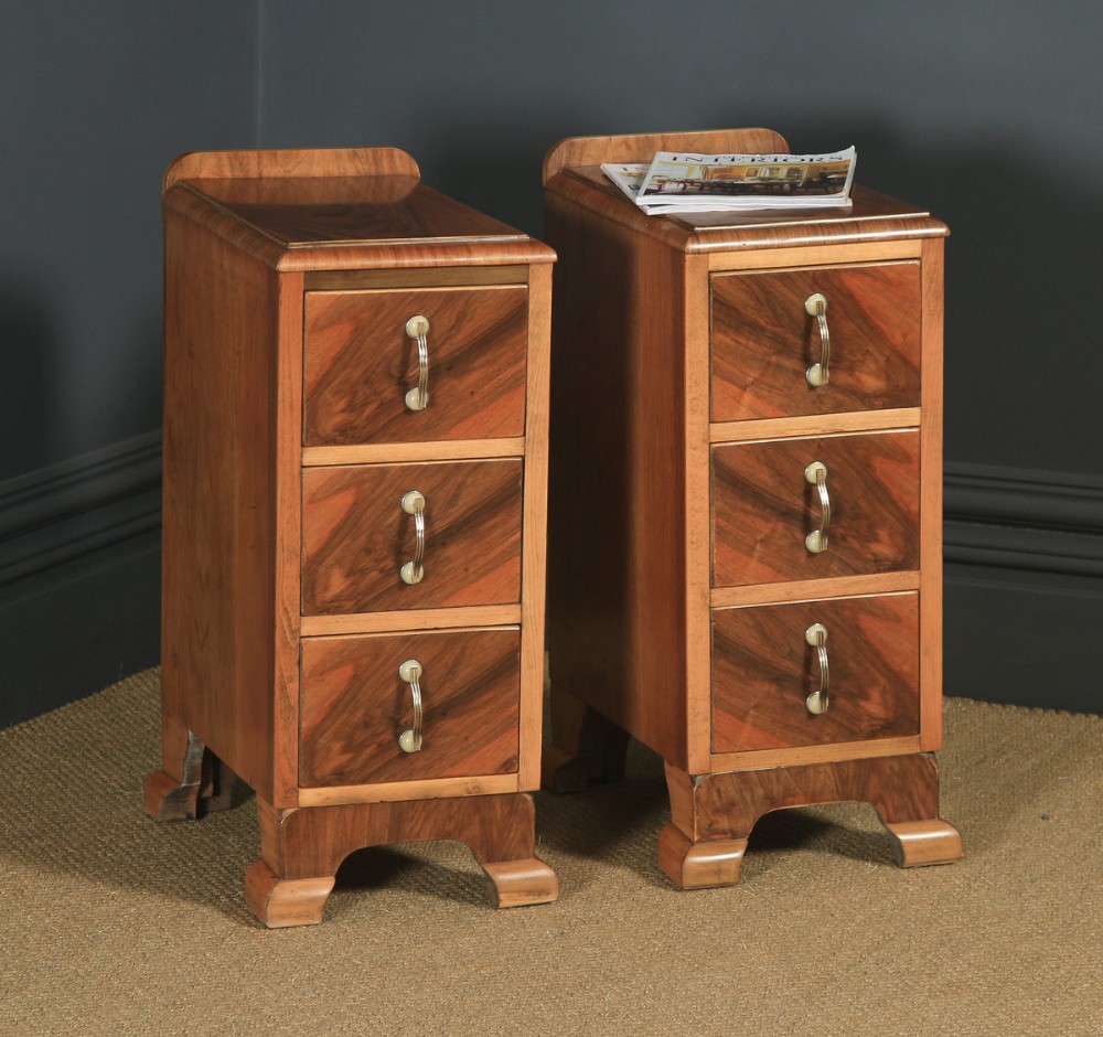 Antique English Pair of Art Deco Figured Walnut Bedside Chests Tables Nightstands (Circa 1930)