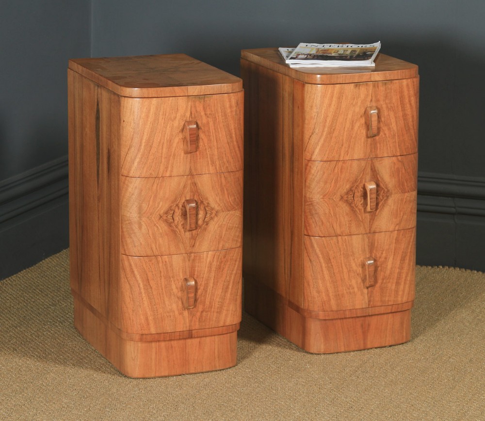 Antique English Pair of Art Deco Figured Walnut Bow Front Bedside Chests Tables Nightstands (Circa 1930)