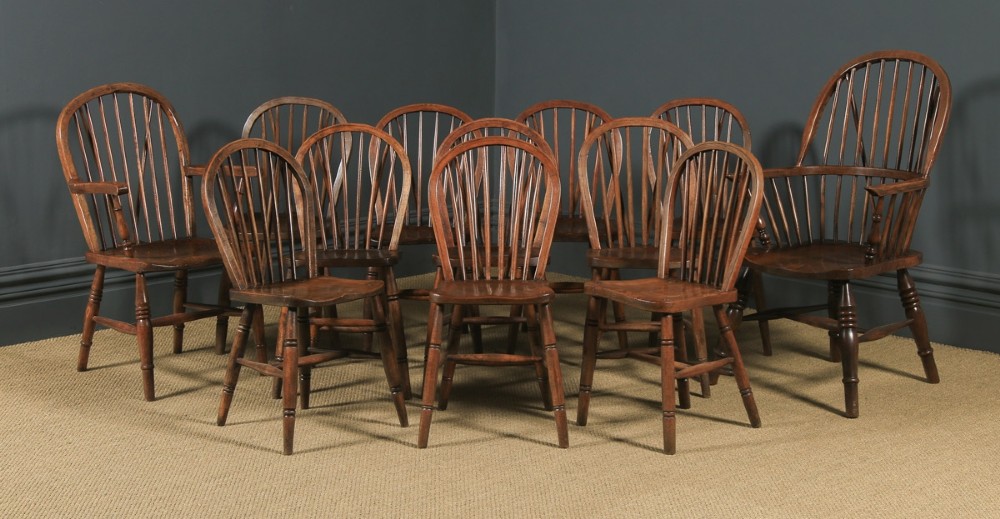 Antique English Set of 12 Victorian Ash & Elm Windsor Stick & Hoop Back Kitchen Chairs (Circa 1880 - 1920)