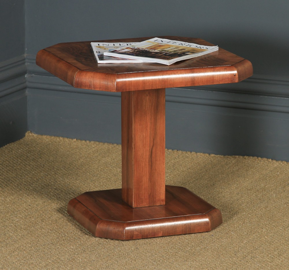 Art Deco English Burr Walnut Square Centre Occasional Coffee Side Lamp Pedestal Table (Circa 1930)