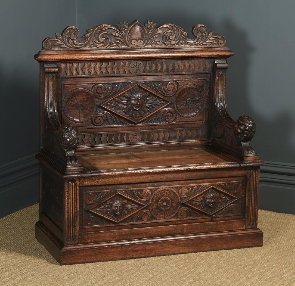 Antique English Victorian Carved Oak High Back Hall Monks Bench Settle (Circa 1870)