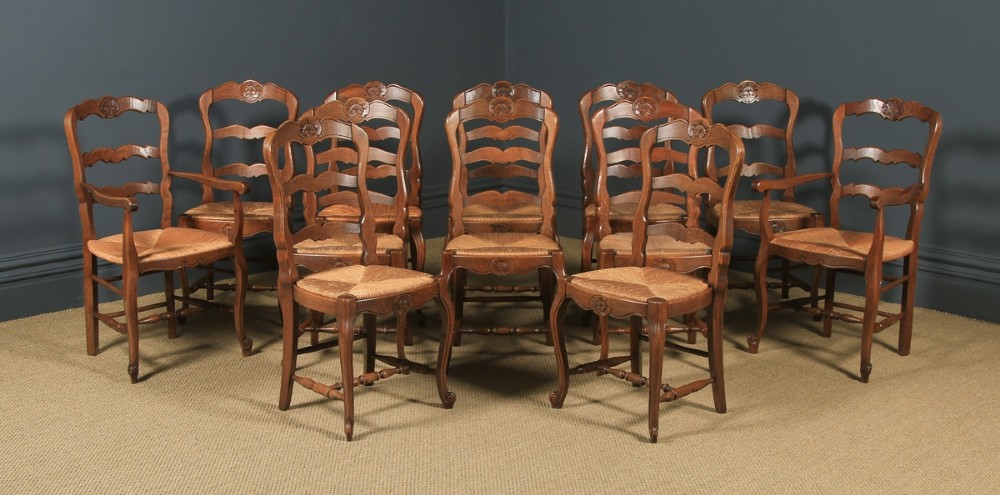 Antique French Set of 12 Twelve Louis XV Style Oak Ladder Back Kitchen Dining Chairs (Circa 1920)