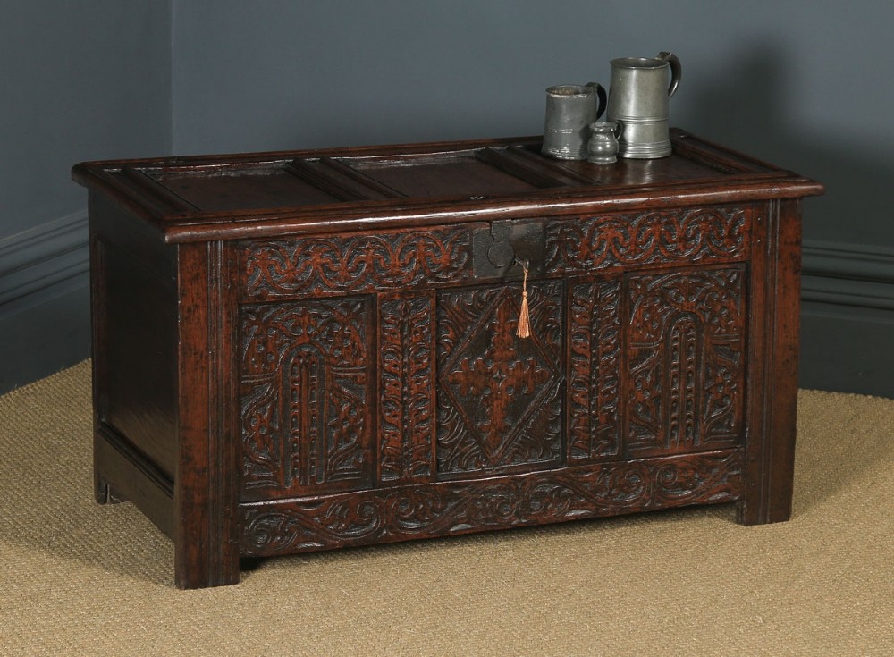 Antique English Georgian Oak Carved Triple Panel Coffer Chest Blanket Box (Circa 1730)