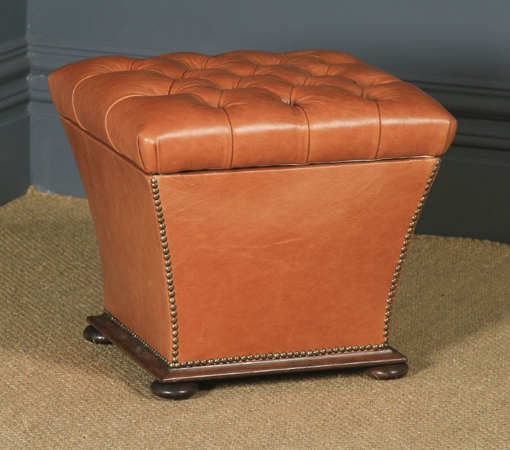 Antique English Victorian Mahogany & Tan Brown Leather Upholstered Square Ottoman Box Stool (Circa 1860)