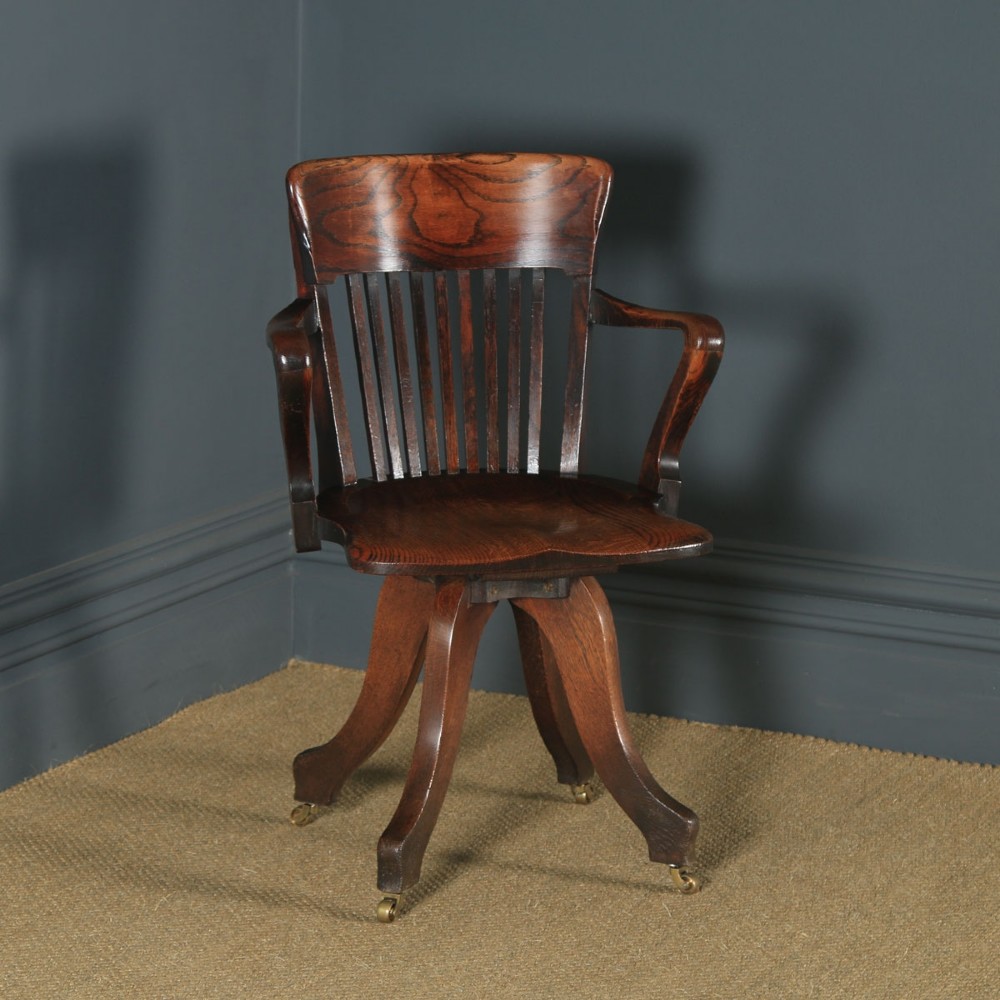 Antique English Victorian Oak & Ash Revolving Office Desk Arm Chair (Circa 1900)