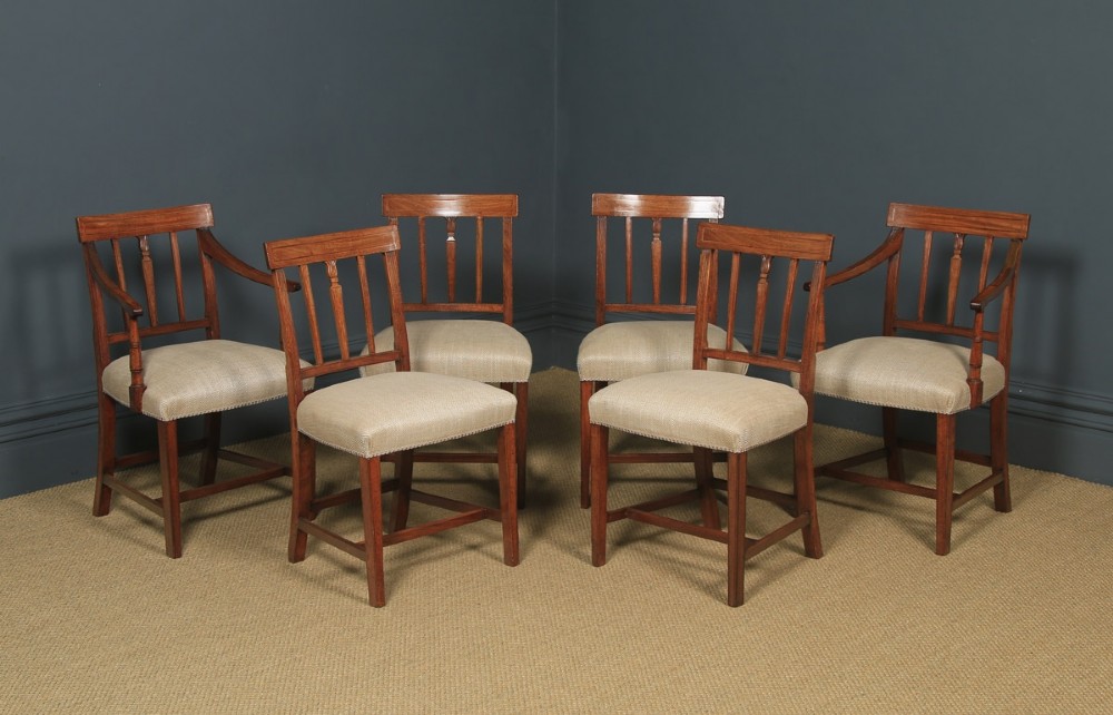 Antique English Set of Six 6 Georgian Mahogany Inlaid Bar Back Dining Chairs (Circa 1830)