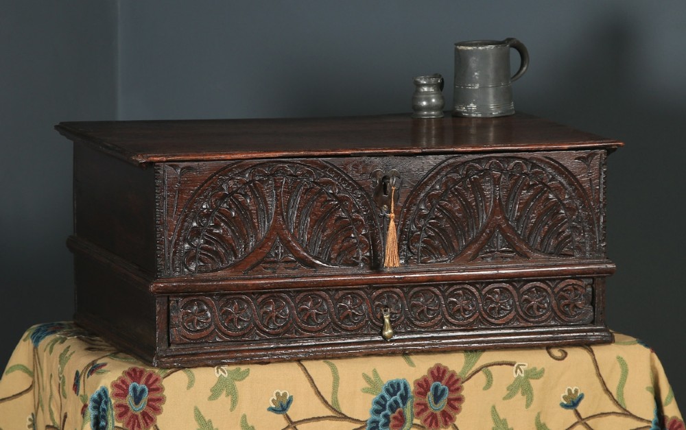 Antique English 18th Century Solid Oak Carved Writing Box (Circa 1700)