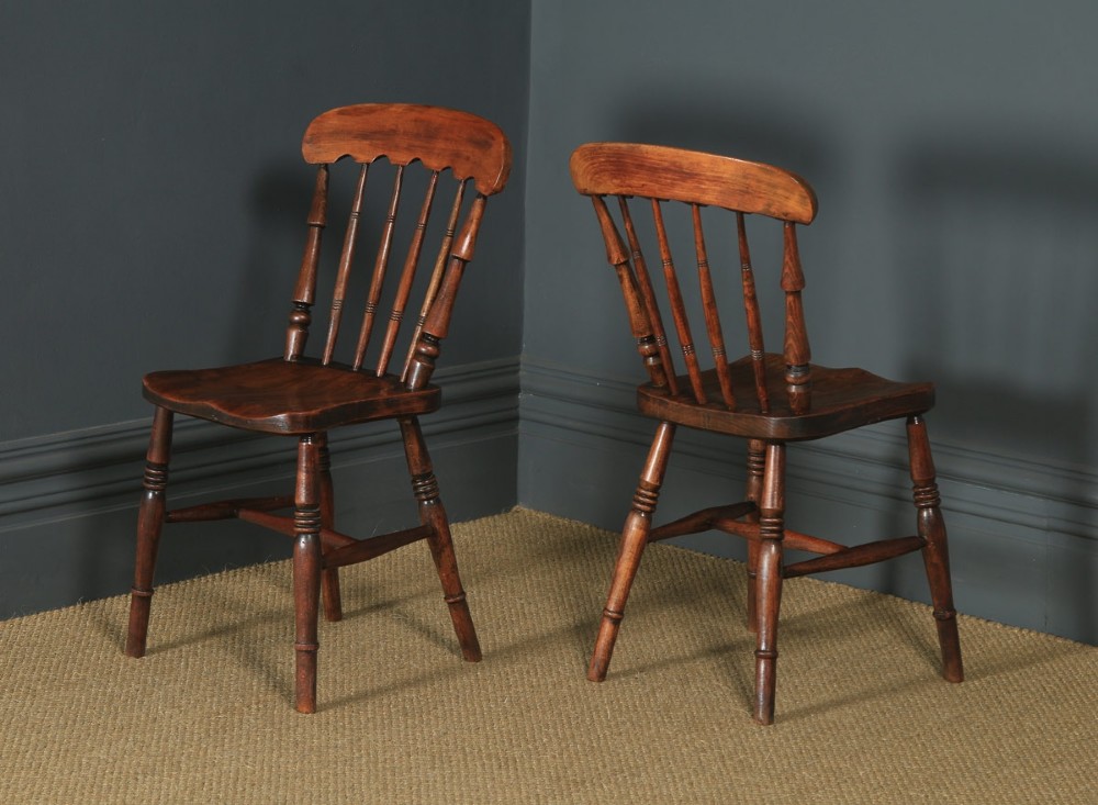 Antique English Victorian Pair of Ash & Elm Windsor Bar & Stick Back Kitchen Chairs (Circa 1890)