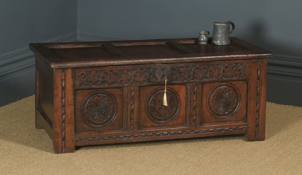 Antique English 17th Century Charles II Oak Carved Triple Panel Coffer Chest Blanket Box (Circa 1680)