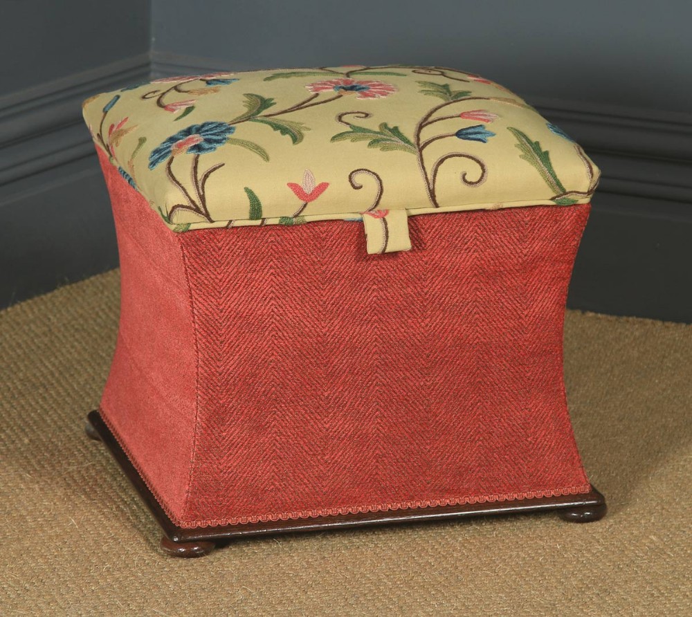 Antique English Victorian Mahogany & Crewel Work Upholstered Concave Ottoman Box Stool Trunk (Circa 1870)