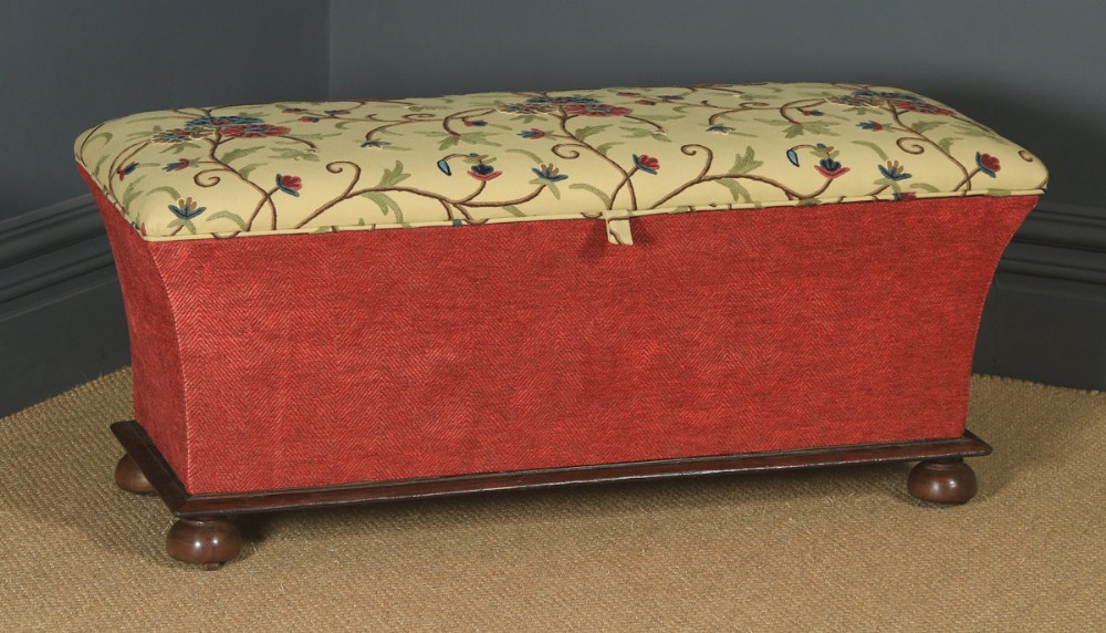 Large Antique English Victorian Mahogany & Crewel Work Upholstered Concave Ottoman Box Stool Trunk (Circa 1870)