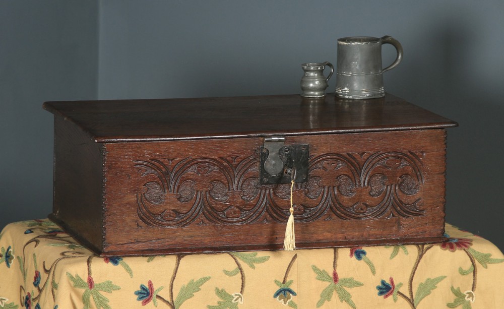 Antique English 17th Century Charles II Solid Oak Bible Box Chest (Circa 1680)