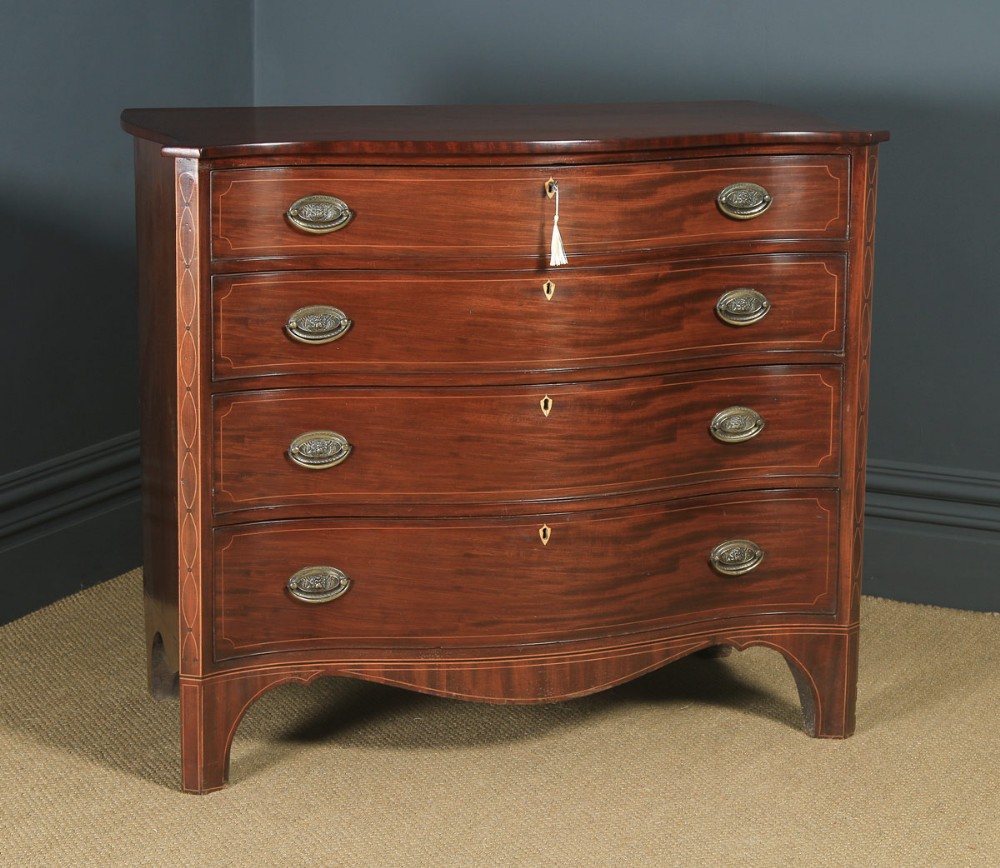 Antique English Georgian Regency Mahogany Inlaid Serpentine Chest of Drawers (Circa 1810)