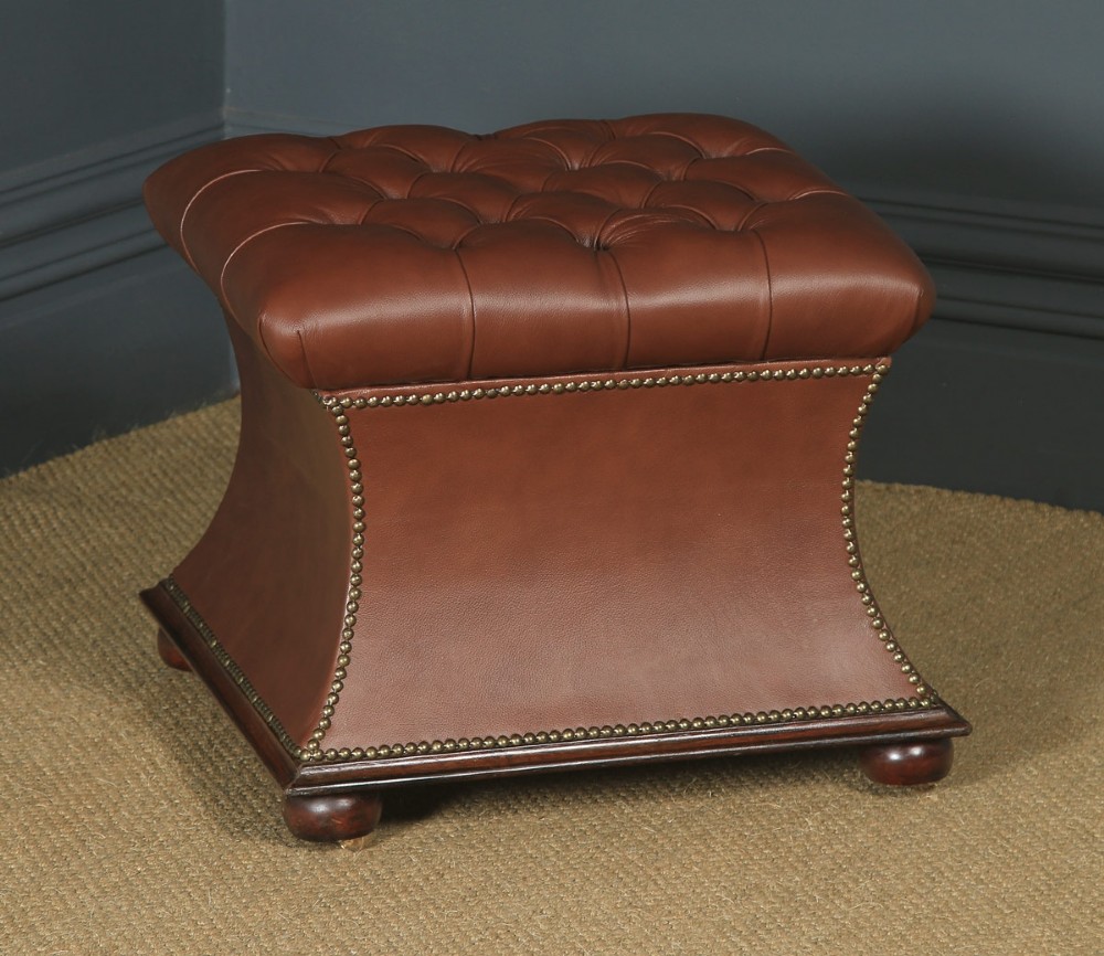 Antique English Victorian Mahogany Brown Leather Upholstered Concave Ottoman Box (Circa 1870)