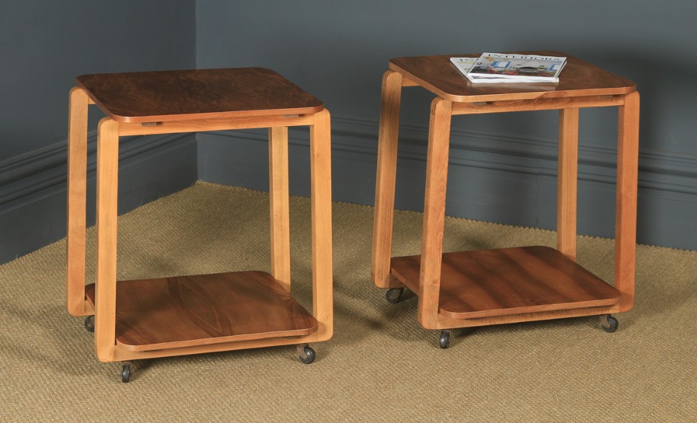 Pair of Art Deco English Walnut Square Two Tier Occasional Coffee Bedside Side Tables (Circa 1930)