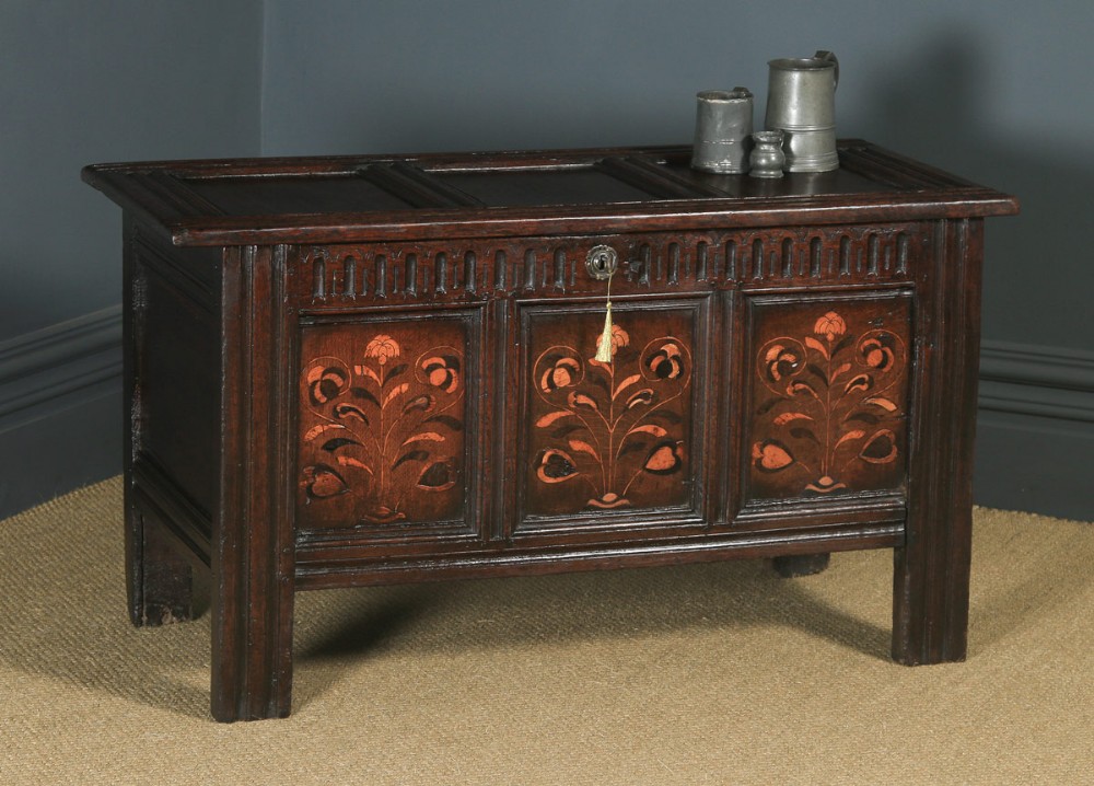 Antique English 17th Century Charles II Oak Inlaid Triple Panel Yorkshire Coffer (Circa 1680)