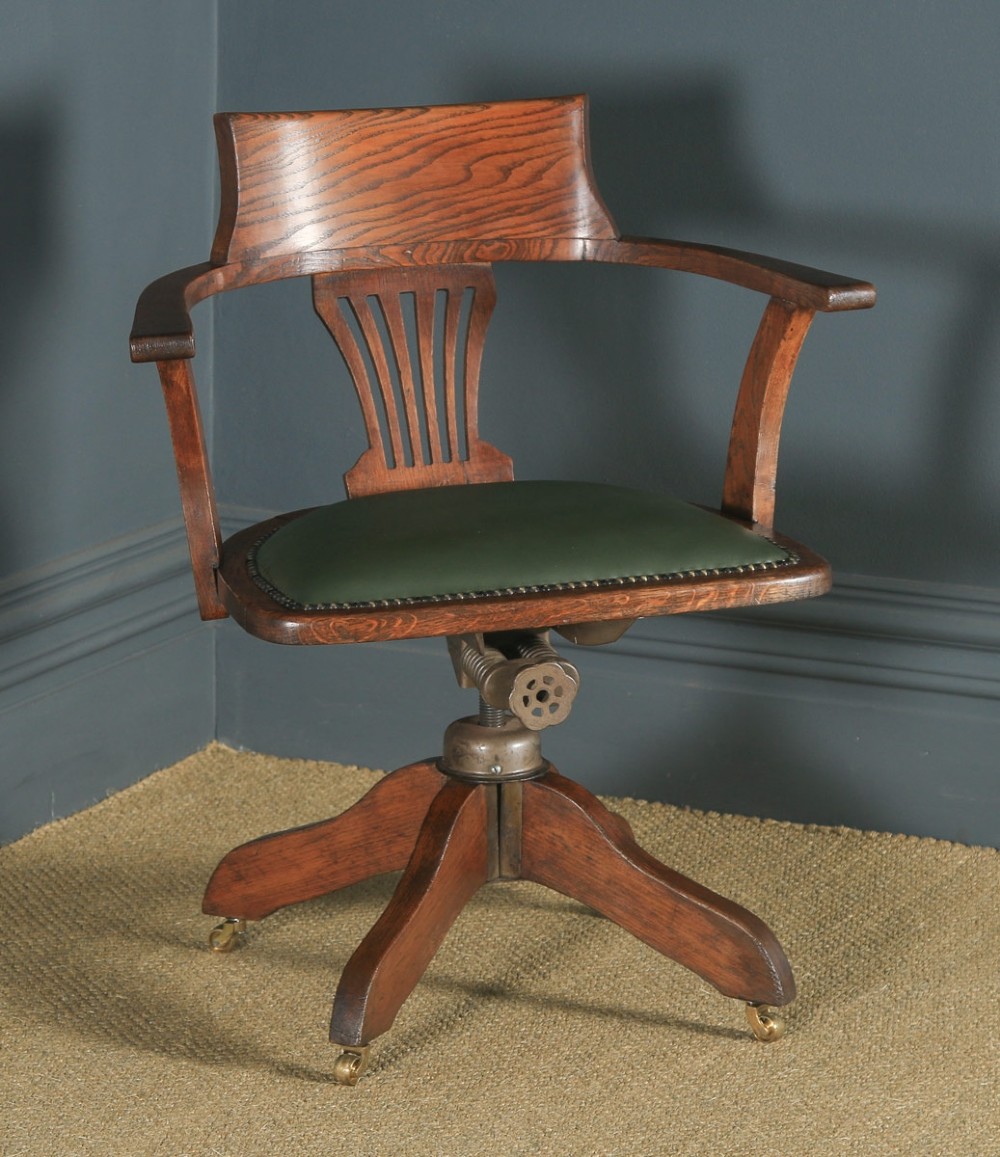 Antique English Edwardian Oak & Green Leather Revolving Office Desk Arm Chair (Circa 1910)