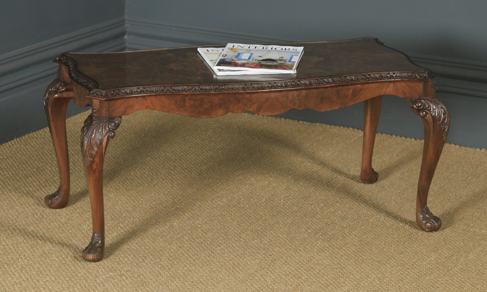 Antique English Queen Anne Style Carved Burr Walnut & Glass Coffee Table (Circa 1920)