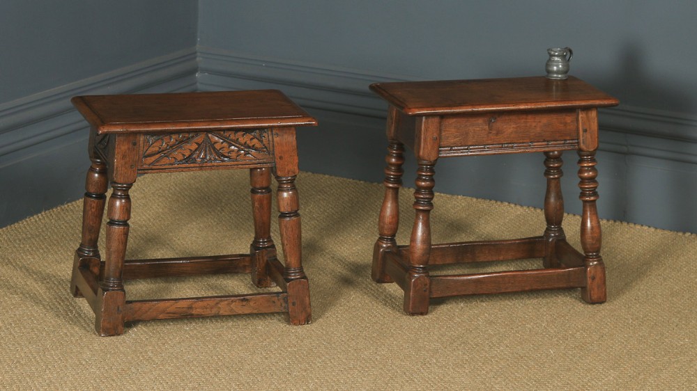 Antique English Pair of 17th Century Style Solid Oak Joint Stools (Circa 1920)