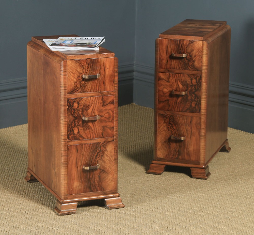 Antique English Pair of Art Deco Figured Walnut Bedside Chests (Circa 1930)