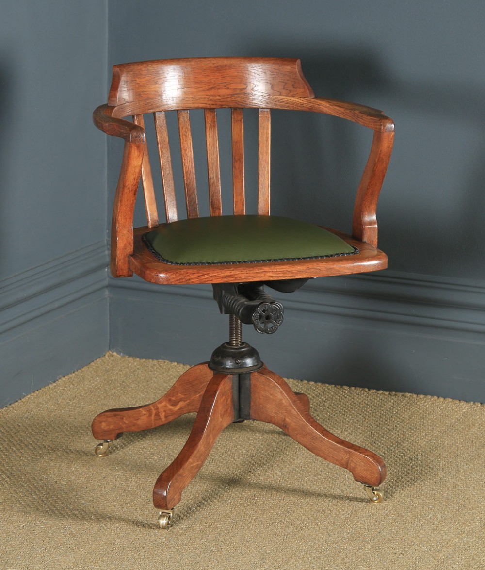 Antique English Edwardian Oak & Green Leather Revolving Office Desk Arm Chair (Circa 1910)