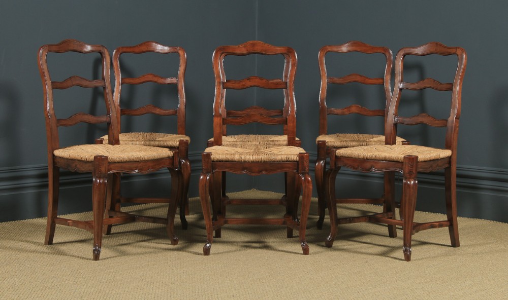 Antique French Set of 6 Six Louis XV Style Cherry Wood Ladder Back Kitchen Dining Chairs (Circa 1880)