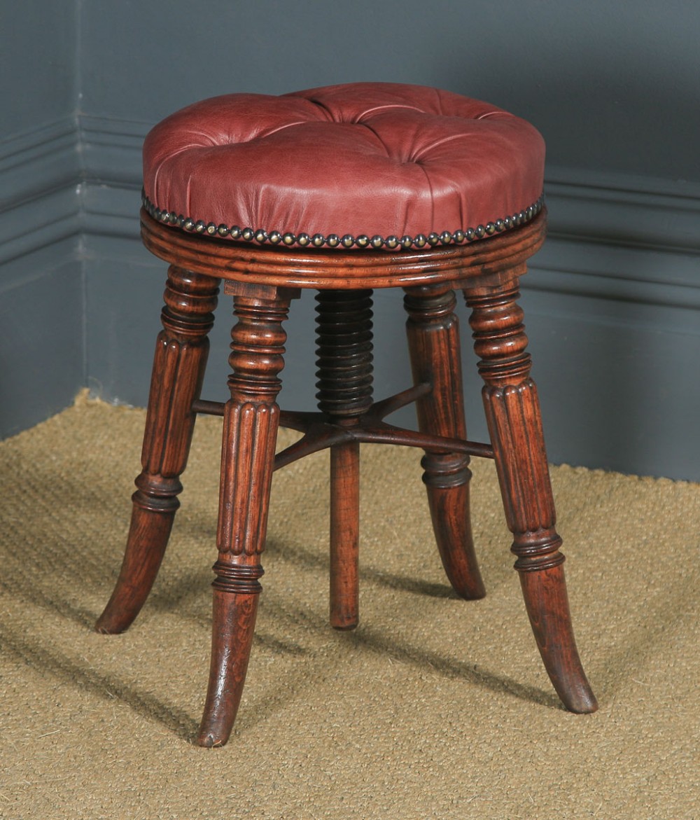 Antique English Regency Oak & Leather Revolving Adjustable Piano Music Stool (Circa 1830)