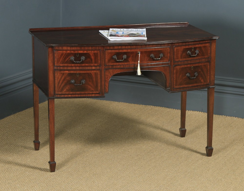 Antique English Edwardian Georgian Style Flame Mahogany Bow Front Ladies Writing Table (Circa 1910)