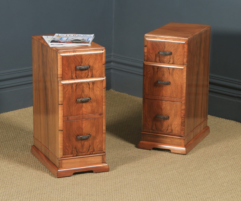 Antique English Pair of Art Deco Figured Walnut Bedside Chest Tables  (Circa 1930)