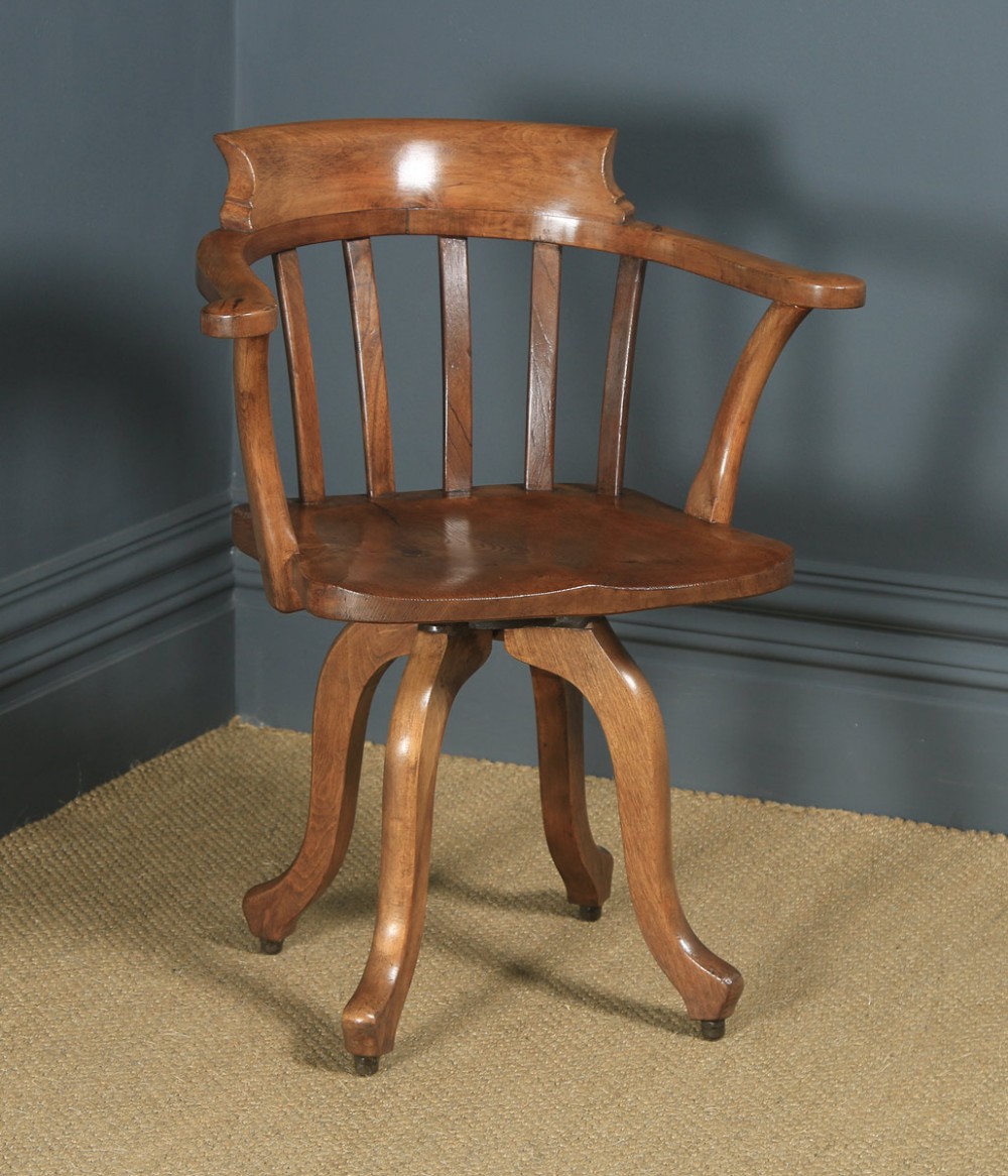 Antique English Edwardian Beech, Birch & Elm Revolving Office Desk Arm Chair (Circa 1910)