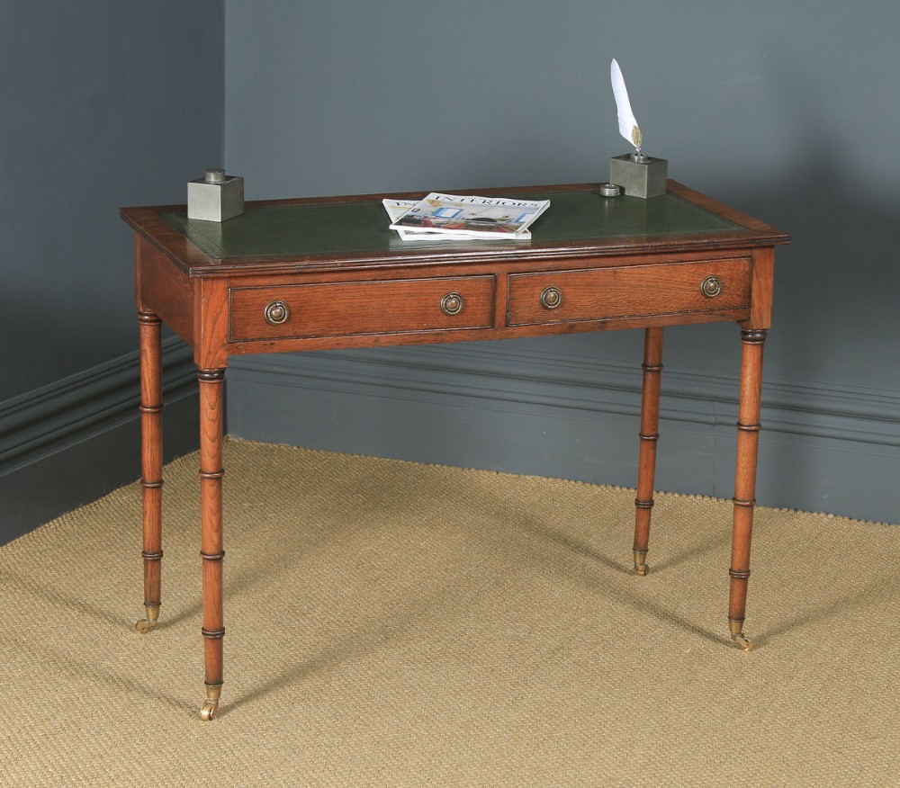 Antique English Regency Style Edwardian Oak & Green Leather Writing Table (Circa 1910)