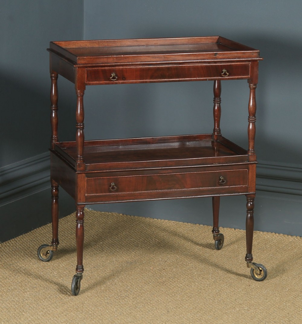 Antique English Edwardian Regency Style Flame Mahogany Serving Trolley Table (Circa 1910)