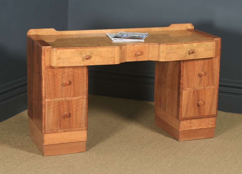 Antique English Art Deco Burr & Figured Walnut Office Pedestal Desk (Circa 1940)