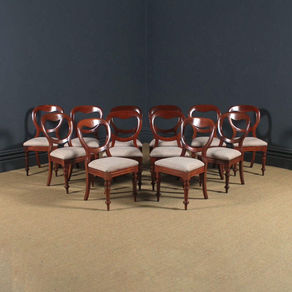 Antique English Victorian Set of 12 Twelve Mahogany Balloon Back Dining Chairs (Circa 1860)