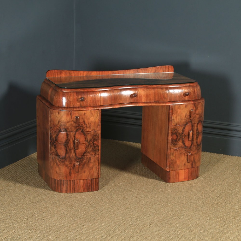 Antique English Art Deco Figured Walnut & Glass Cloud Shaped Pedestal Office Desk (Circa 1930)