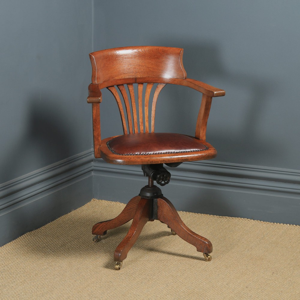 Antique English Edwardian Oak & Brown Leather Revolving Office Desk Arm Chair (Circa 1910)