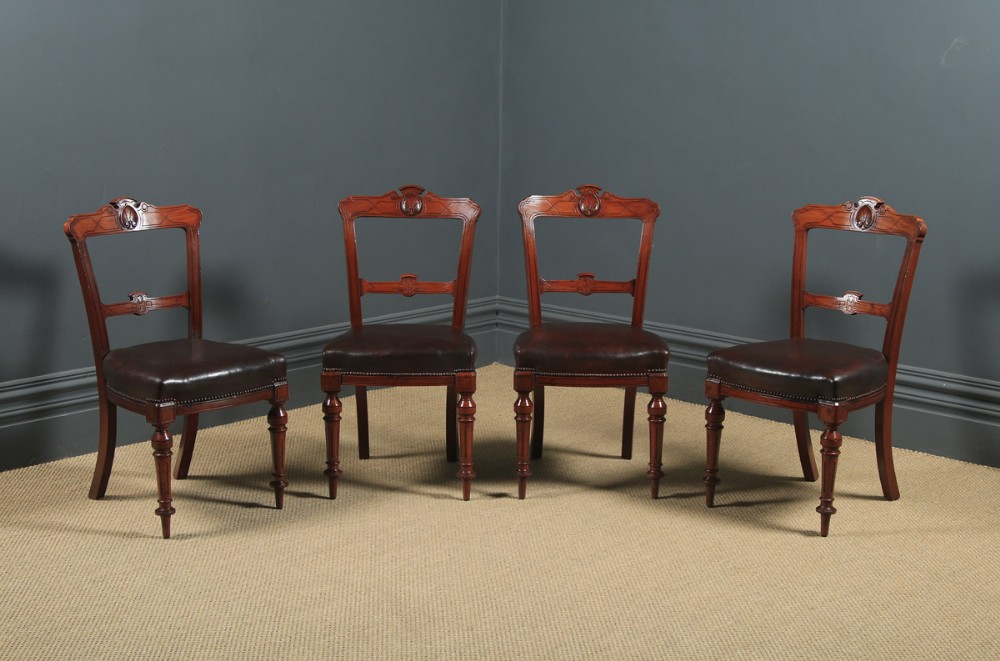 Antique English Victorian Set of Four 4 Mahogany & Burgundy Leather Shell Carved Dining Chairs (Circa 1880)