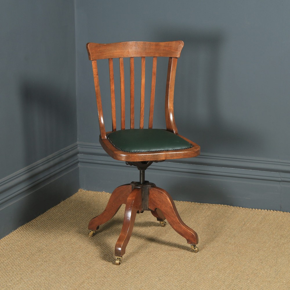 Antique English Edwardian Beech & Green Leather Revolving Office Desk Side Chair (Circa 1910)