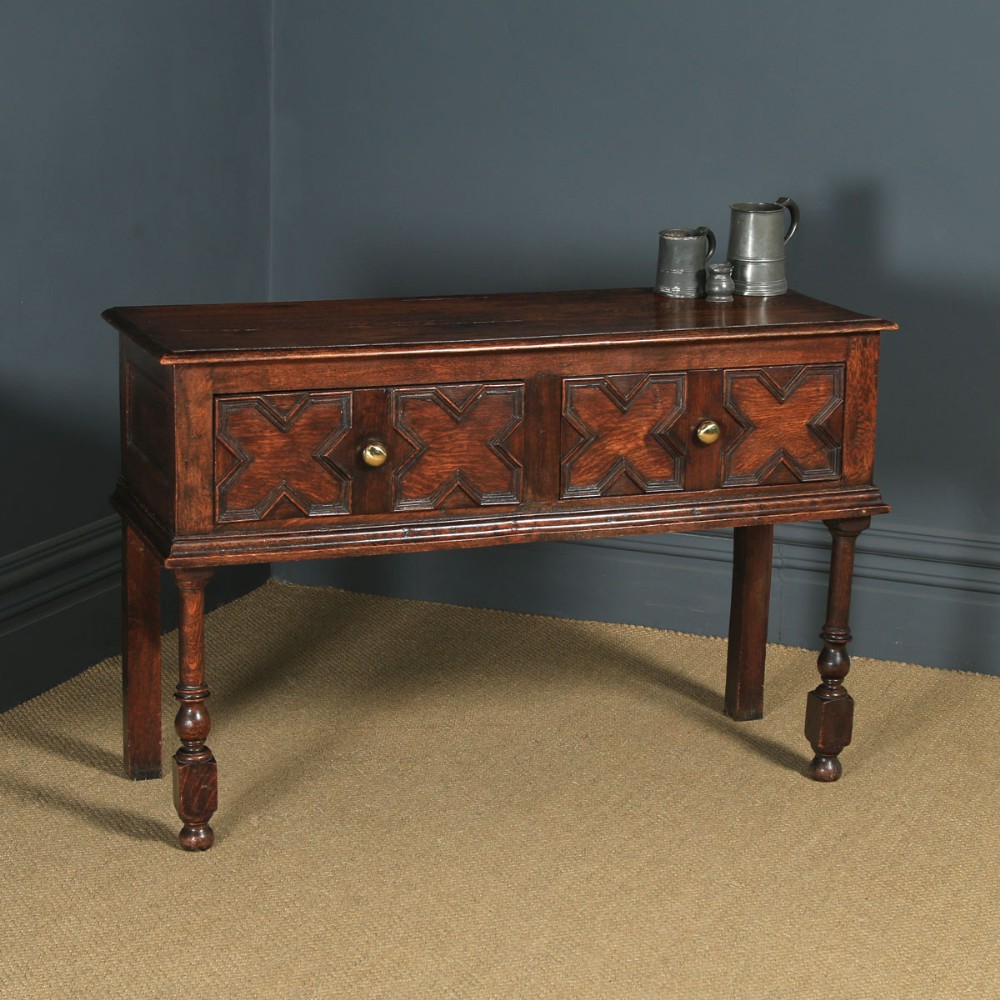 Antique English Victorian Jacobean Style Oak Geometric Dresser Base Sideboard (Circa 1870)