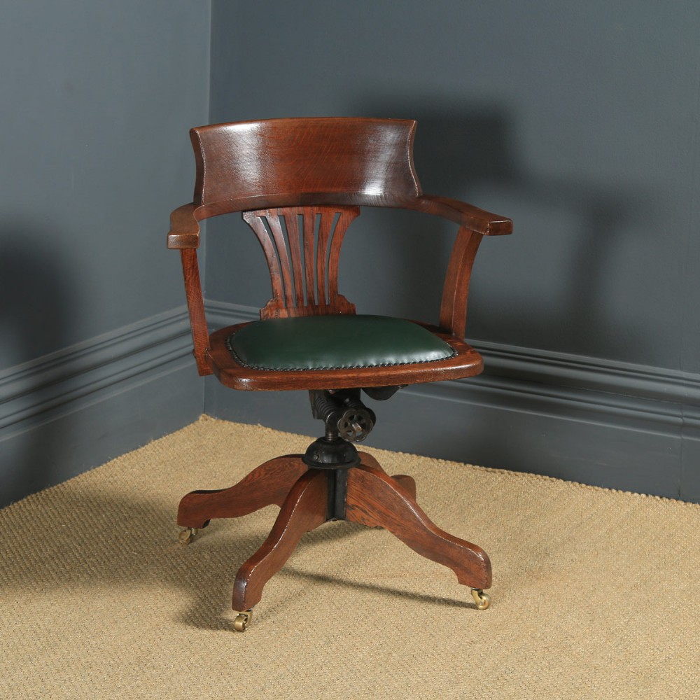 Antique English Edwardian Oak & Green Leather Revolving Office Desk Arm Chair (Circa 1910)
