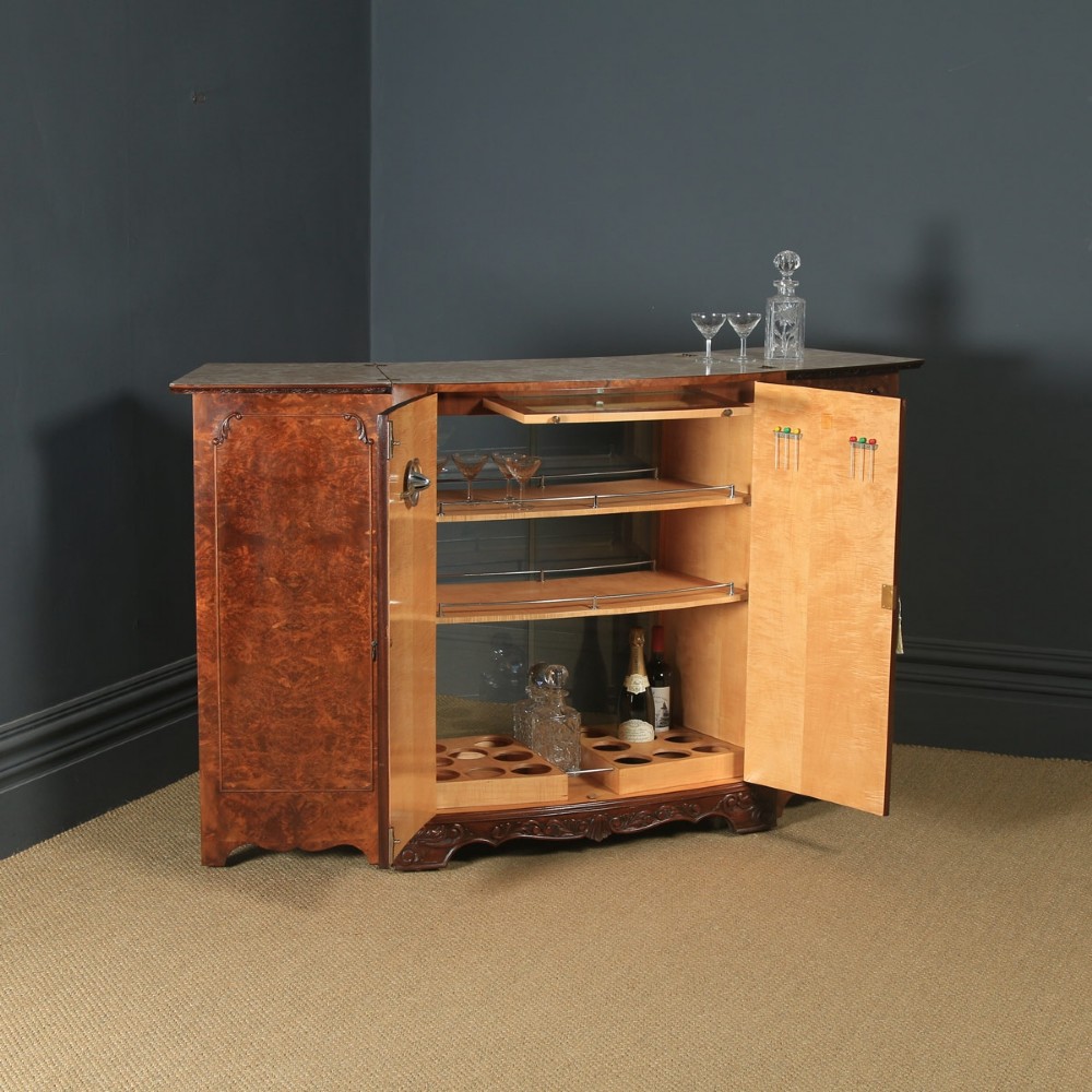 Antique English Art Deco Burr Walnut Folding Cocktail Bar Drinks Bow Front Cabinet (Circa 1930)