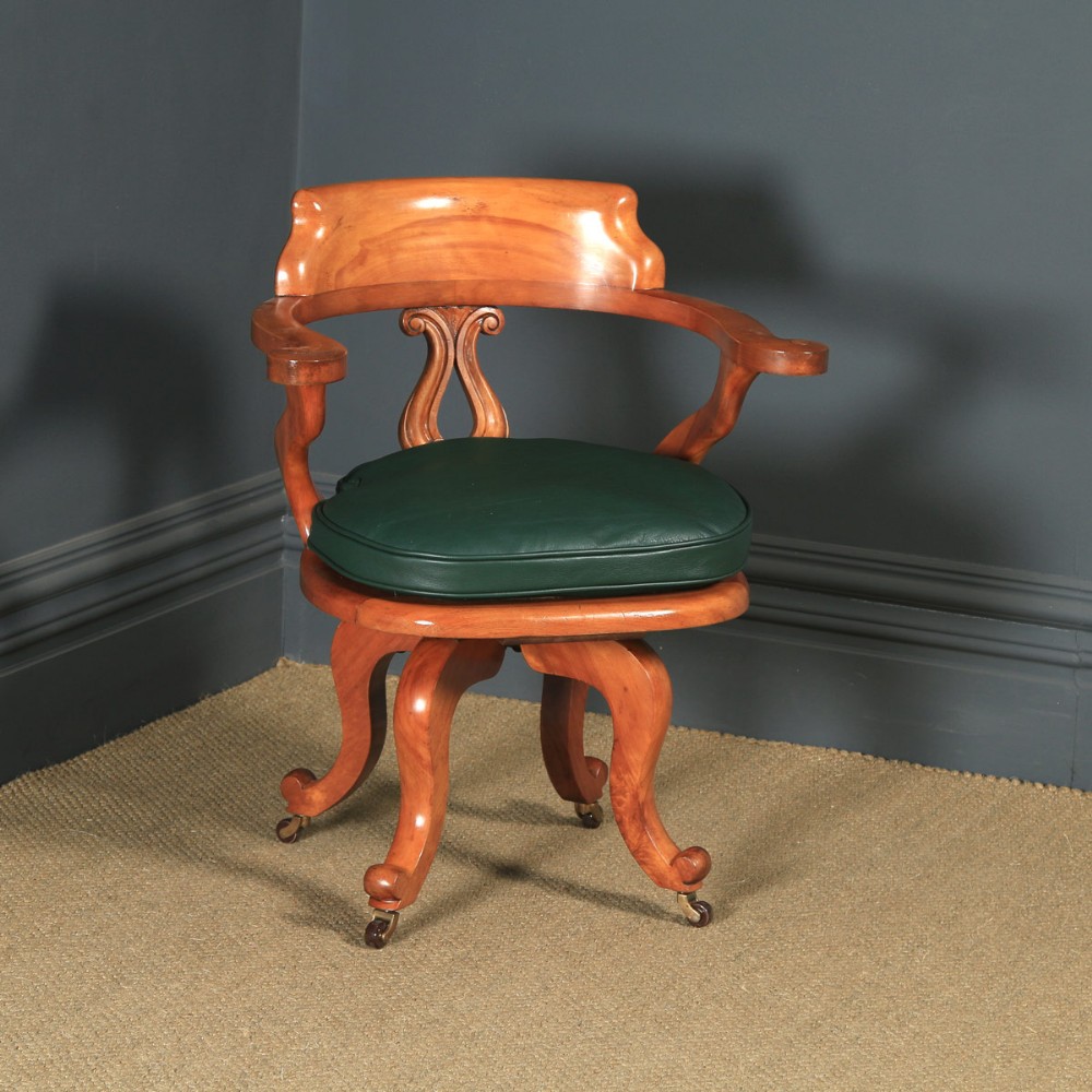Antique English Victorian Birch & Green Leather Revolving Office Desk Arm Chair (Circa 1880)