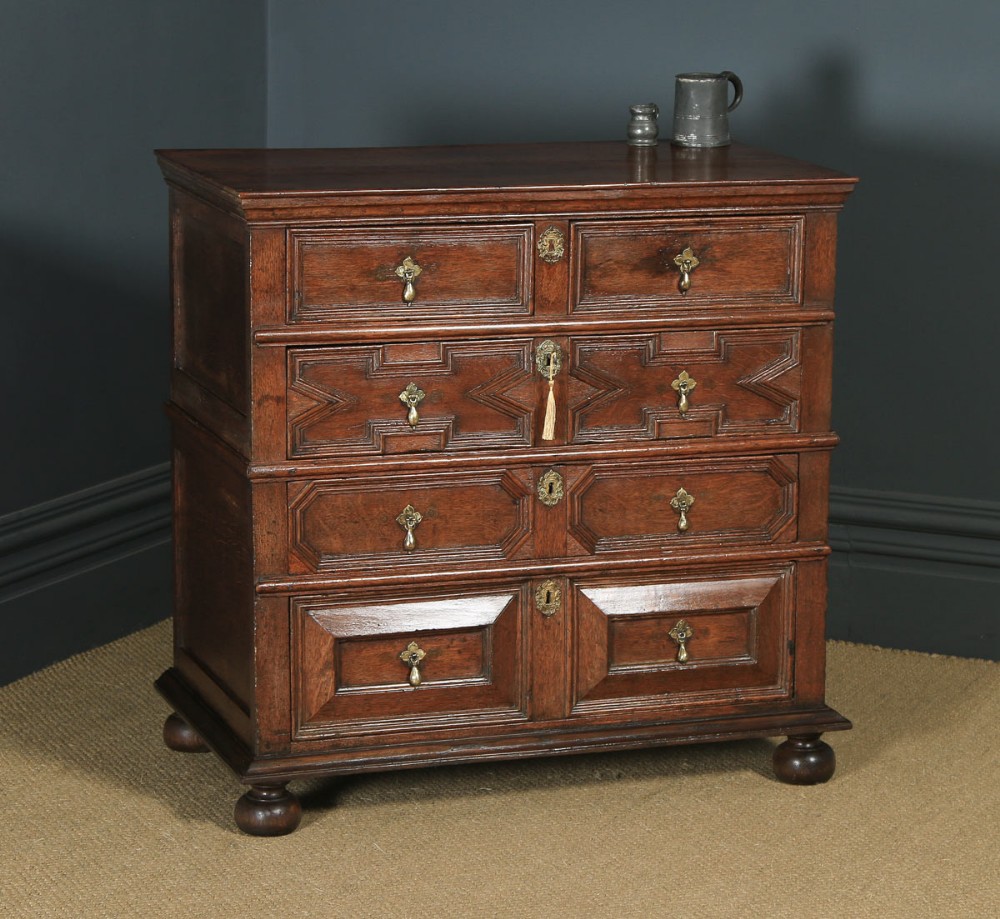 Antique English 17th Century William & Mary Oak Geometric Two Part Chest of Drawers (Circa 1690)
