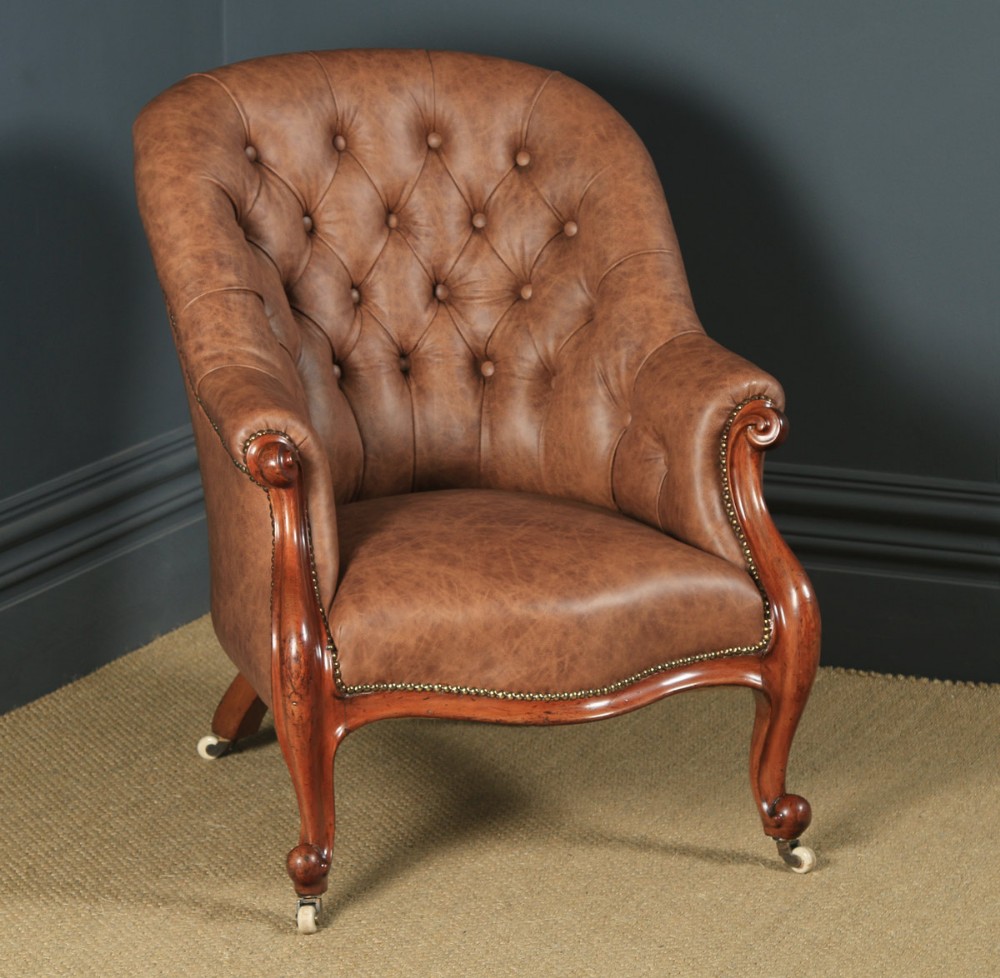 Antique English Victorian Mahogany & Brown Tan Brown Leather Deep Buttoned Reading Armchair (Circa 1850)