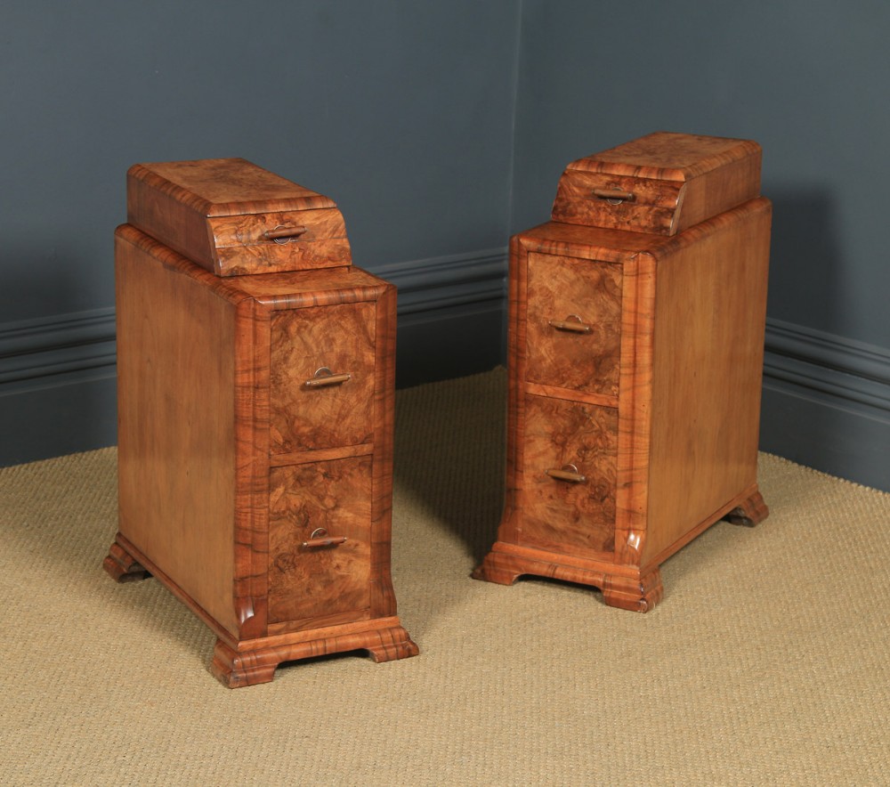 Antique English Pair of Art Deco Burr Walnut Bedside Chests (Circa 1930)