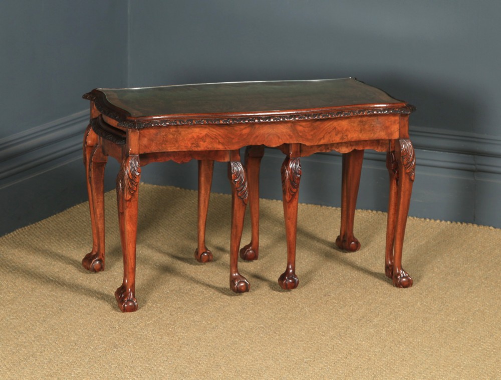 Antique English Queen Anne Style Nest of Three Carved Burr Walnut & Glass Coffee Tables (Circa 1920)
