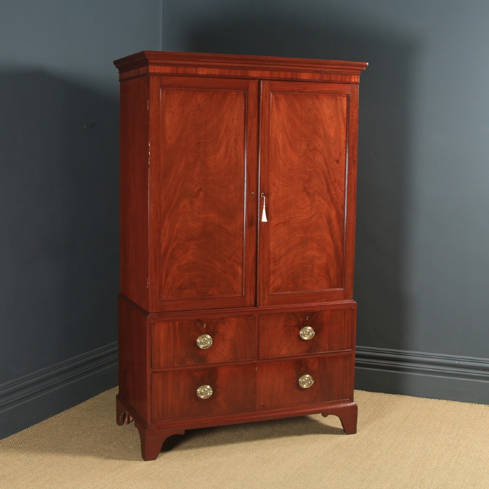 Antique English Georgian Figured Mahogany Linen Press Chest Wardrobe (Circa 1800)